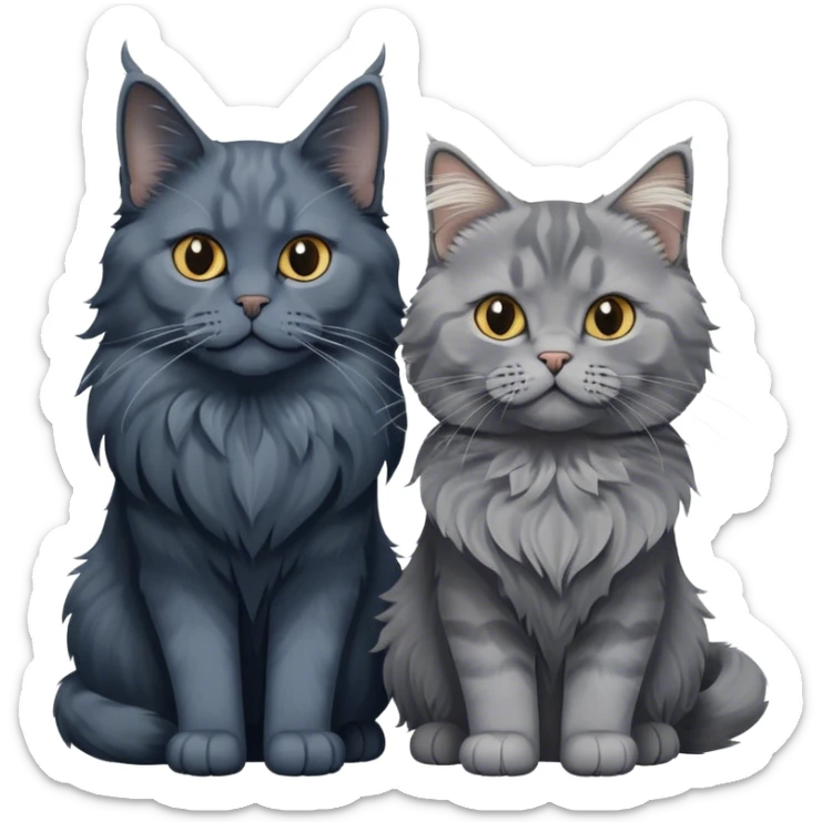 Portrait of a black smoke Maine Coon cat with long grey ear tufts, alongside a British Shorthair cat with a solid blue coat. Both cats with detailed fur textures and playful expressions. Soft, elegant background with warm, natural tones. Transparent background. sticker