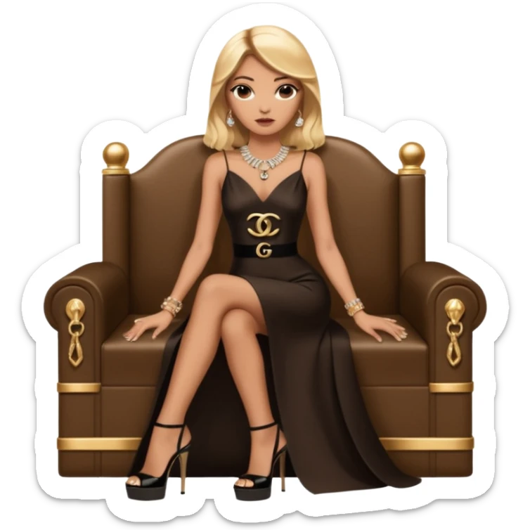 Lilith symbol light brown eyes. Woman of justice and power. Shoulder  length blonde haired  woman with Gucci and Chanel  bags next to her. Wearing long brown and black elegant dress with slit, sitting on a Chanel throne and diamonds everywhere around her. Black Platform high heels on feet. Chanel  sticker