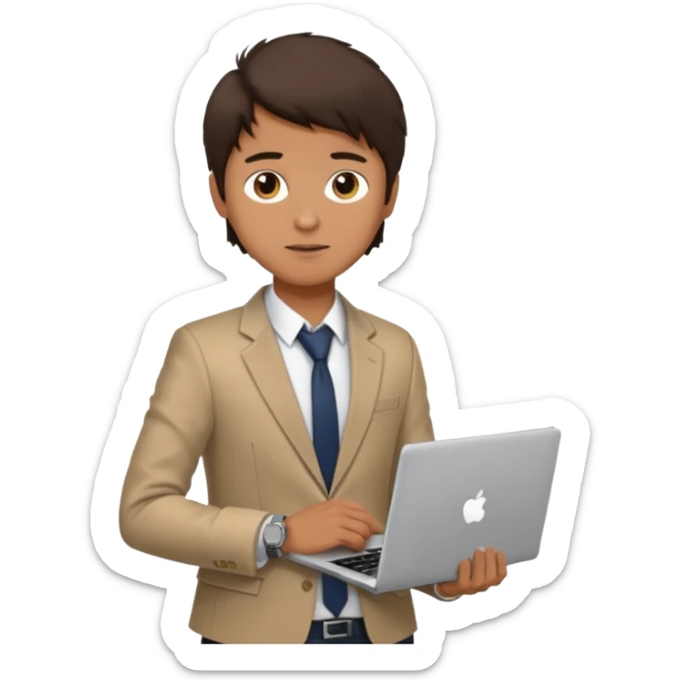 a light tan boy with messy dark brown hair. Wearing a blazer and carrying a lapotop. watch on wrist sticker