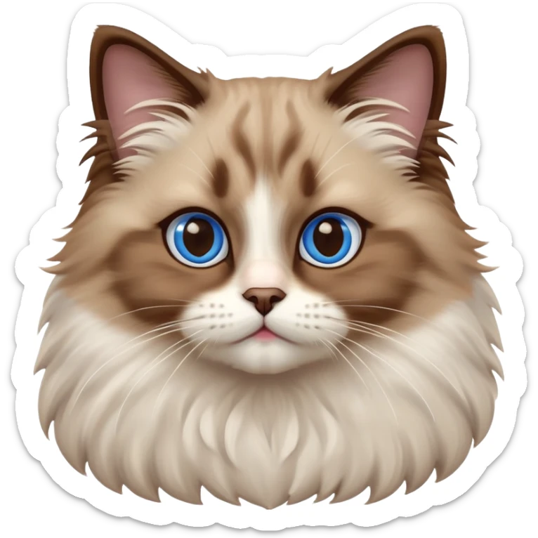 cinematic-adorable-big-eyed-fluffy-brown ragdoll-cat-portrait-emoji,-head-tilted-playfully-with-a-sweet-expression,-fluffy-white and brown-fur,-simplified-yet-irresistibly-cute-features-with-large,-expression, blue eyed ragdoll cat sticker
