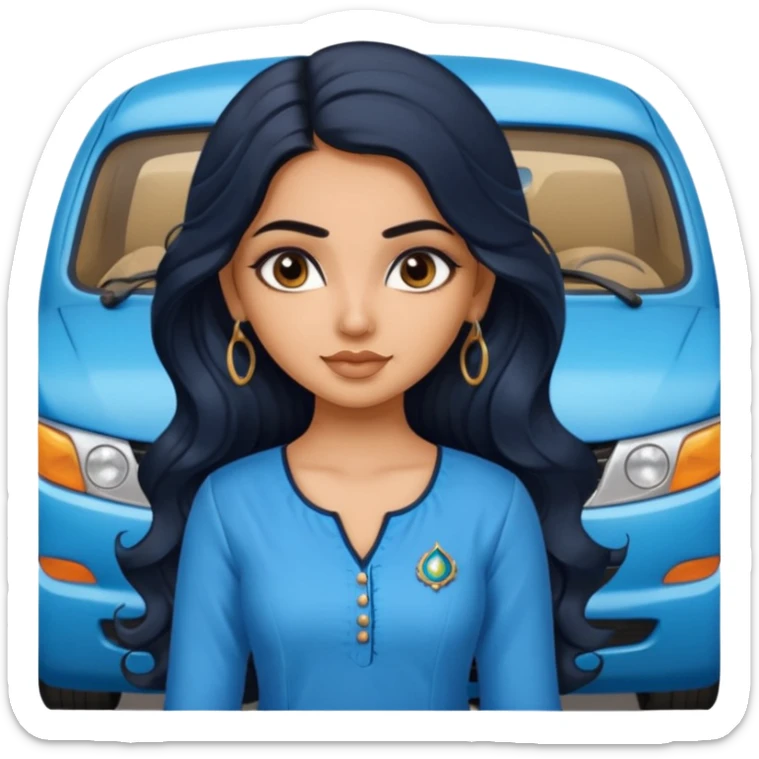 a pretty indian bratz girl with wavy long black hair, wearing a blue kurti, eyeliner on, indian auto behind her sticker
