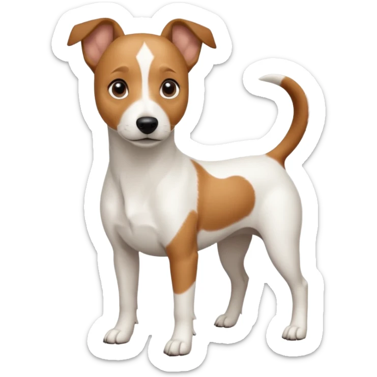 a full body white jack russel looking dog the size of a kelpie with light brown ears and a light brown patch on one eye and a large snout sticker