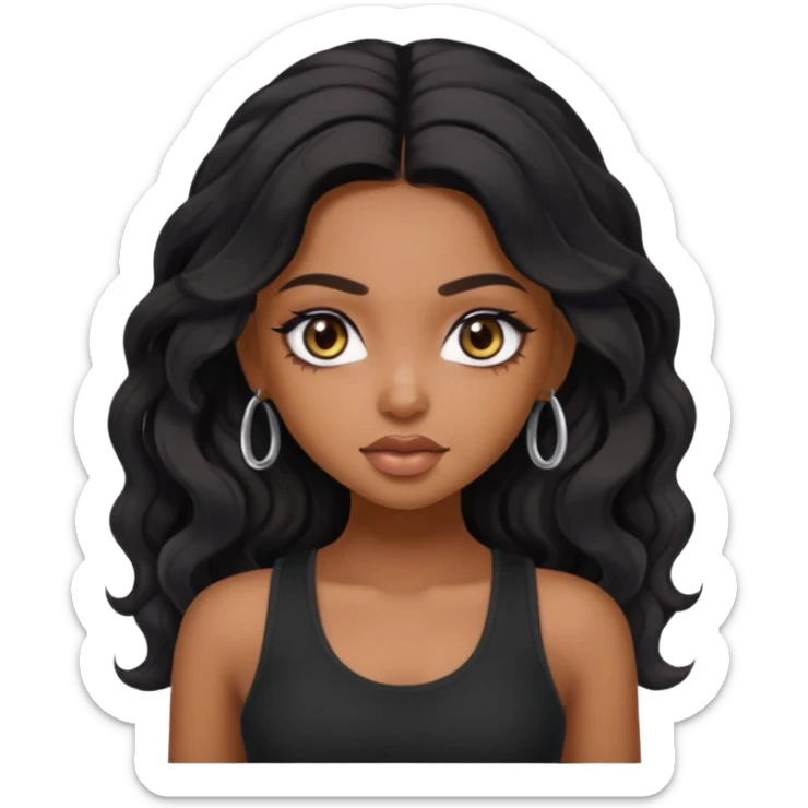 a pretty bratz dusky girl with long wavy black hair, kajal under eyes, black full sleeve tank top sticker