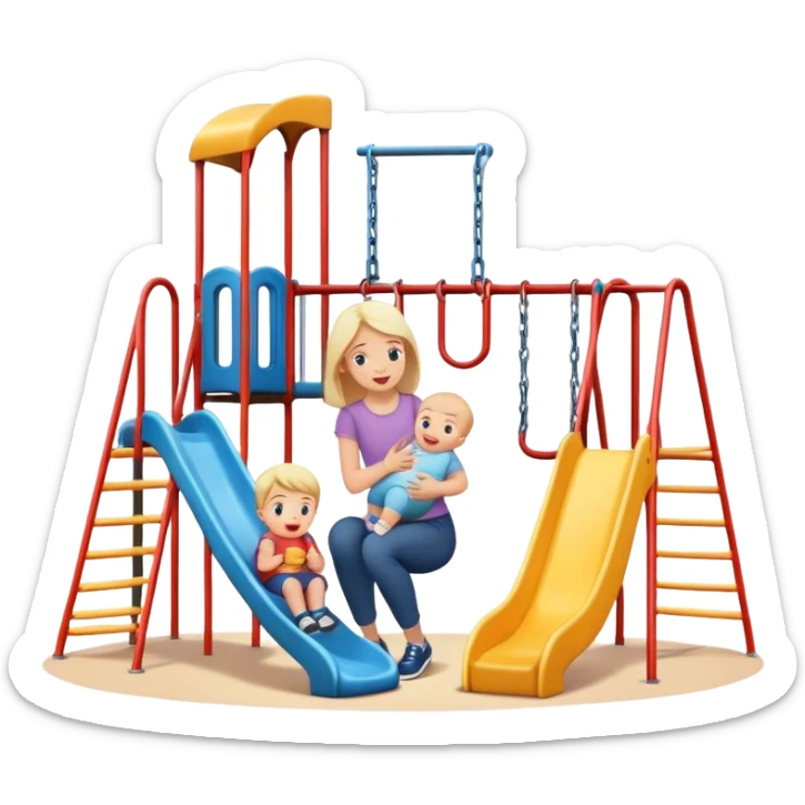 Toddlers playing on a  playground with kids and a woman holding a baby watching  sticker