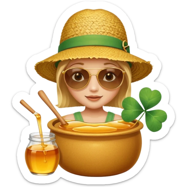 A hunny playing or eating out of a big pot of honey (like the one Winnie the Pooh played with) and have a Irish four leaf clover ground cover and a beach back drop  sticker