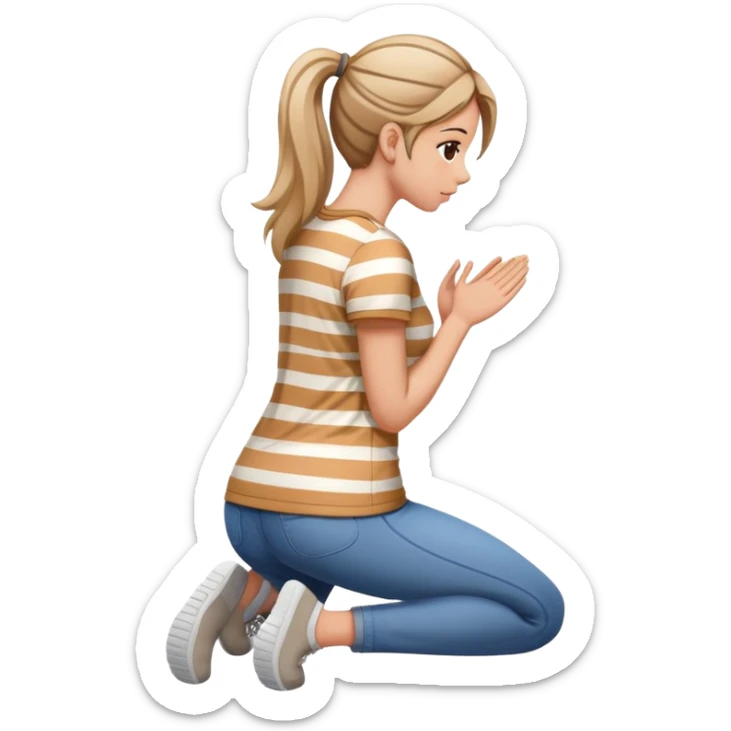 female figure in casual outfit with striped top kneeling on ground, back view sticker