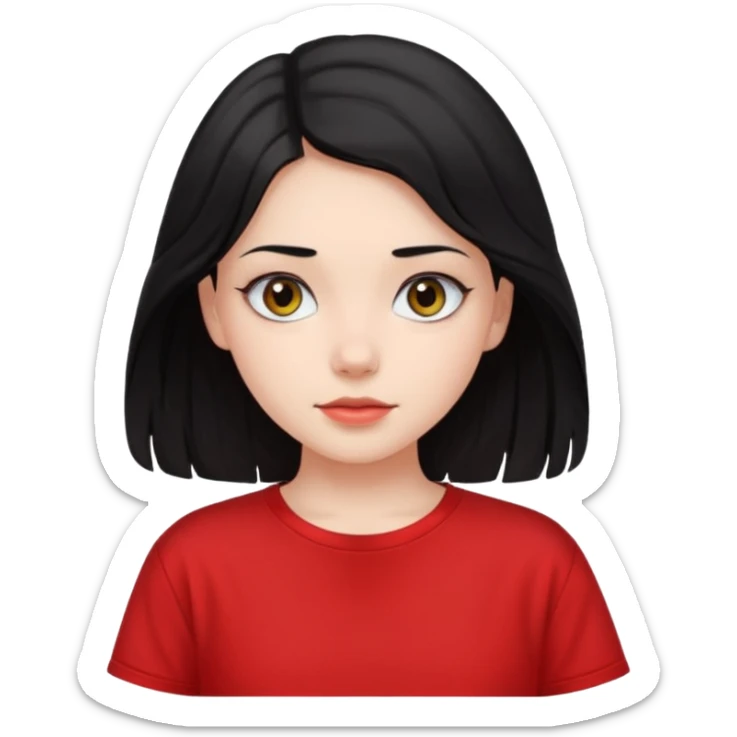 Buatkan aku emoji perempuan yang memiliki warna kulit cerah, mata yang cantik, dan mempunyai rambut hitam yang lurus dan sedikit bergelombang dan panjang rambutnya sampai ke pundak, dan memakai kaos pendek oversize berwarna merah  sticker