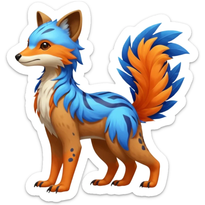 Colorful brown with blue and orange tropical exotic shiny beautiful fantasy-Vernid-Cacomistle-animal-Fakémon-hybrid-fursona (full body) sticker