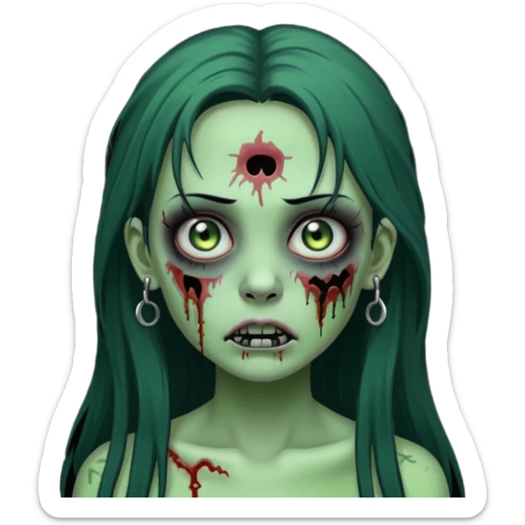 Zombie girl with a facial piercings long black hair green skin sticker