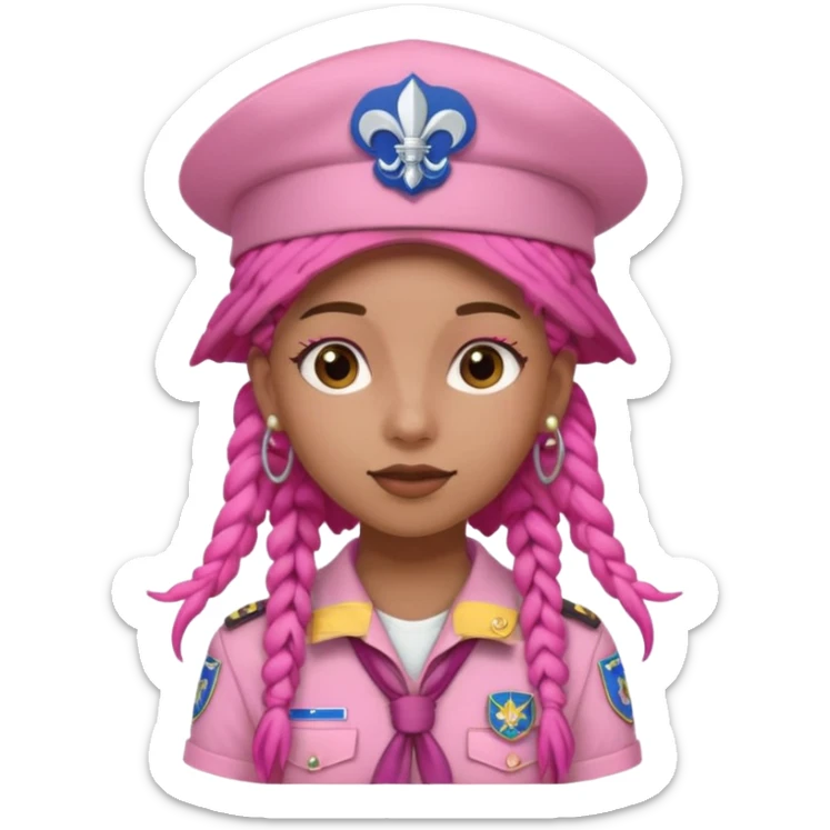 scout girl with pretty pink uniform, pink dreadlocks, and big earrings and scouts hat sticker
