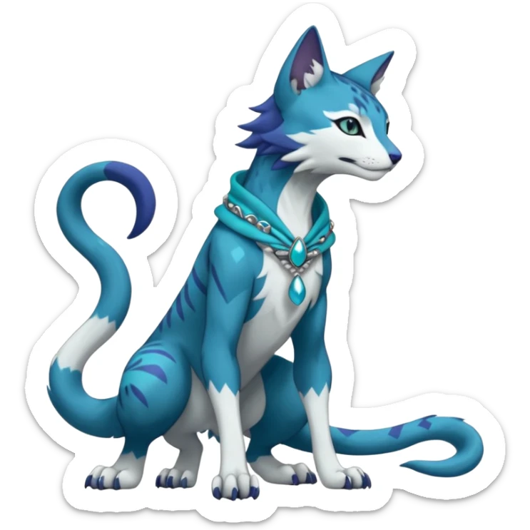 Kawaii cute Indigo Turquoise Grey beautiful pretty elegant divine edgy feline-vernid-sergal-Fakémon-Pokémon-Digimon-fursona-animal-creature, full body, with intricate detailed markings, silken shawl, decorative anklets sticker