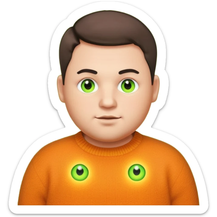 plump man in his 30s with short cropped hair, wearing a unique dark yellowish-orange woolen jumper, bright neon green glowing unrealistic eyes, emoji style sticker