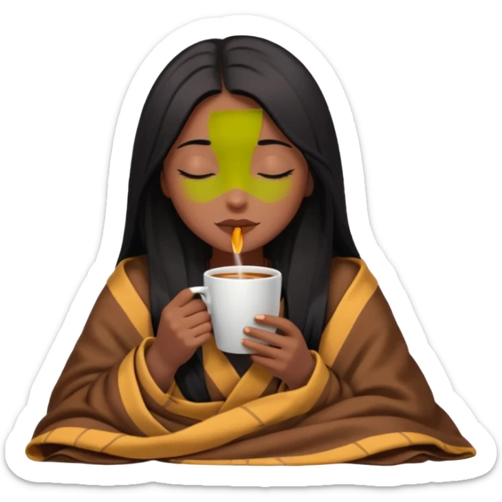 Chocolate brown girl with long straight jet black hair inside a blanket sipping coffee eyes closed sticker