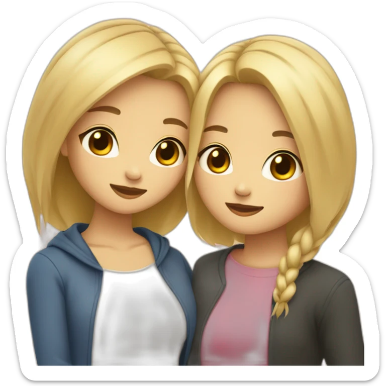 Two girls friends one with blonde short hair, second asian with long hair hugging each other sticker
