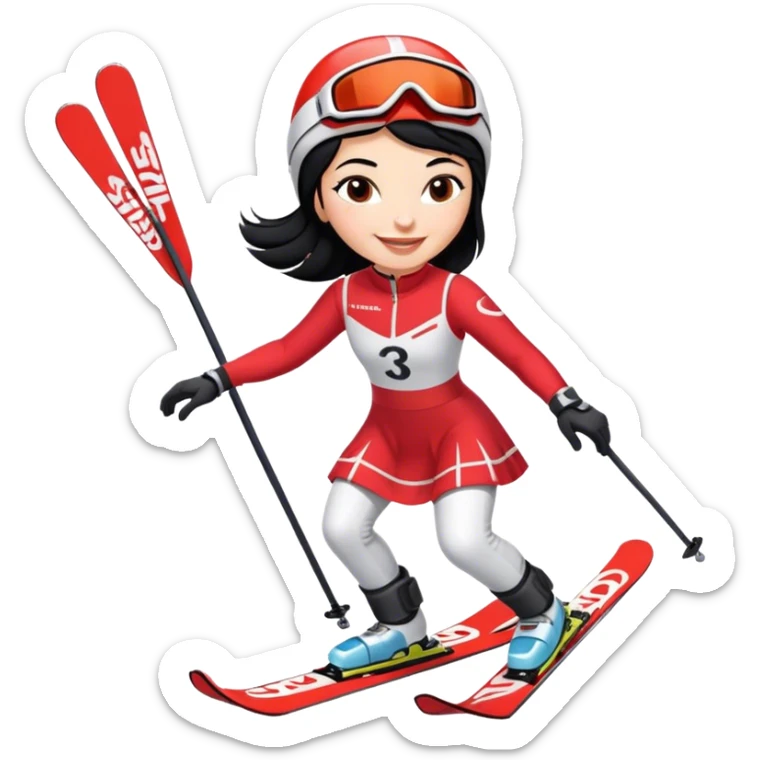 Ski racer woman black hair smile red white dress with the name Stephanie on the dress and the name HEAD on the skis sticker