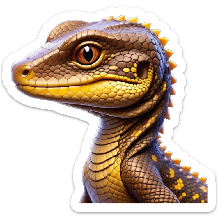 Cinematic Cute brown camo spotted monitor Lizard Portrait Emoji, Head tilted playfully and inquisitively, with a sleek, patterned body accented by vibrant hues and round, sparkling eyes full of wonder, Simplified yet irresistibly adorable features, highly detailed, glowing with a warm, friendly glow, high shine, affectionate and lively, stylized with a touch of exotic charm, bright and endearing, soft glowing outline, capturing the essence of a mischievous yet captivating lizard that seems as if it could scuttle out of the screen into your arms! sticker