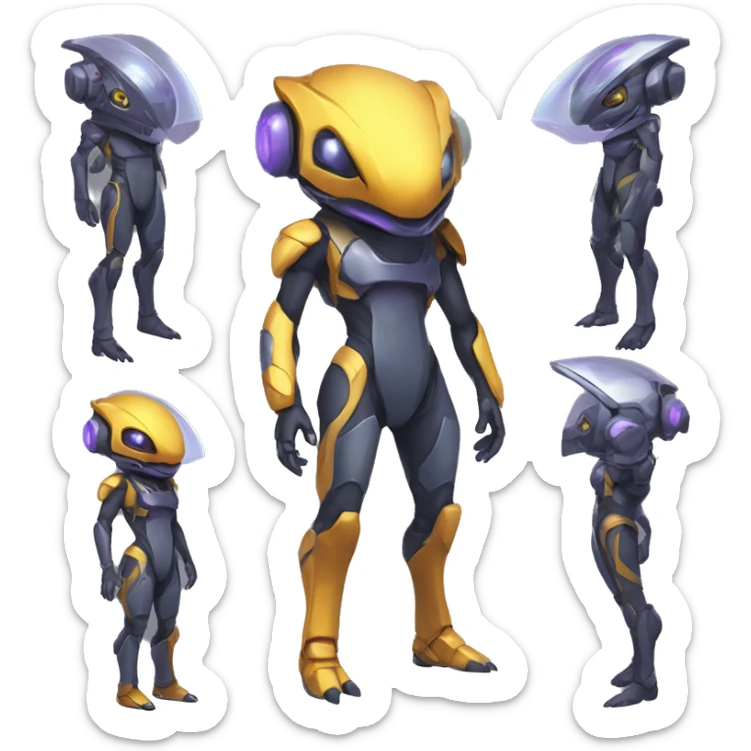 a Reptile-Genesect-Raptor-Fakémon with a futuristic visor-helmet and wearing a techwear-suit Full Body sticker