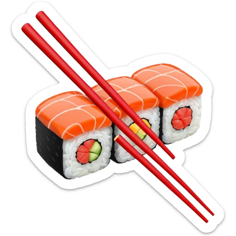 Japanese cuisine humanless avatar in minimalist emoji-style illustration. Sushi, roll and 2 chopsticks, clean lines, red white colors, flat design, calm and modern. sticker