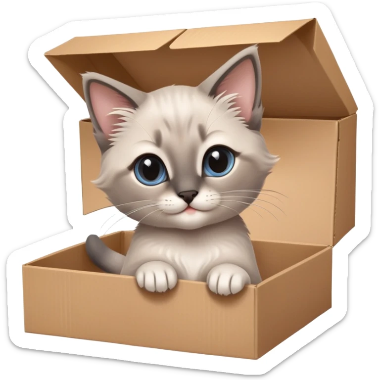  A very cute gery young happy kitten long hair Siamese Cat cat with one's head tilted to one side poked its paws out of the cardboard big box and placed them on top of it sticker