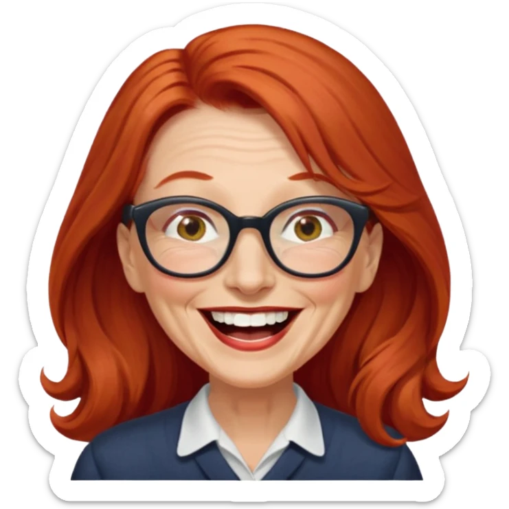 obese; older 50's ; long red hair ; women hazel eyes; glasses ; laughing sticker