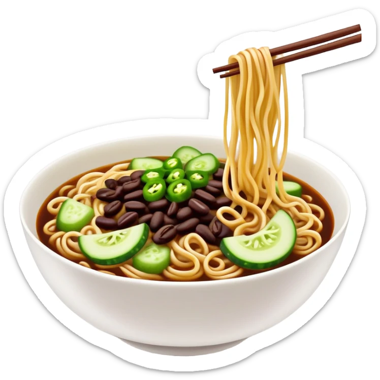 Beijing Zhajiang noodles with dark bean sauce and cucumber toppings, simplified emoji style with bold outlines and bright colors, cartoon style northern Chinese noodle dish sticker