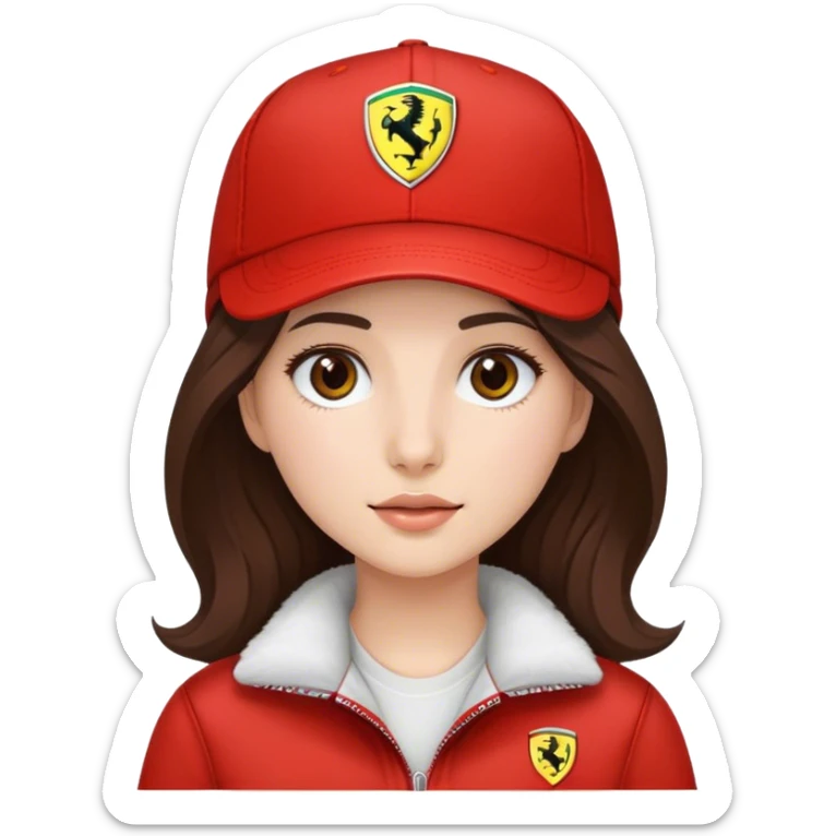 a brunette girl with medium length slightly wavy hair and white skin and brown eyes wearing an f1 ferrari cap sticker