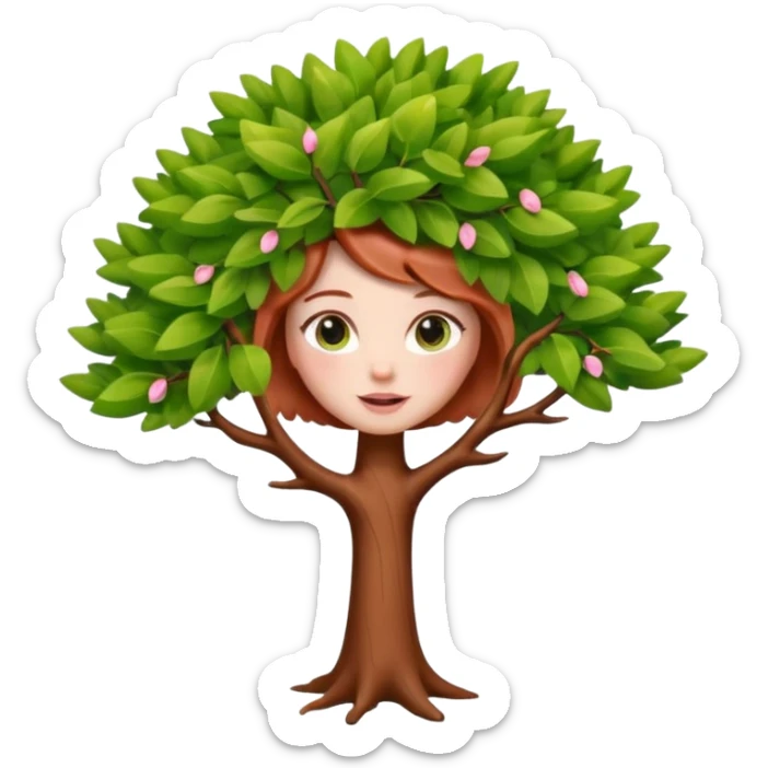 Style memoji iphone. Un petit sapin vert sylvestre, féminin, regard malicieux, tâches de rousseurs délicates, joues roses. Yeux de biche brillants en forme amande, yeux couleur ambre, tronc couleur acajou. Sapin en mouvement, incurvé pour un effet vivant. sticker