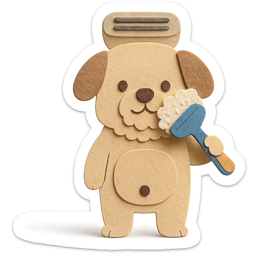 cute dog-shaped electric shaver, brushing its fuzzy face, creamy beige, full-body sticker