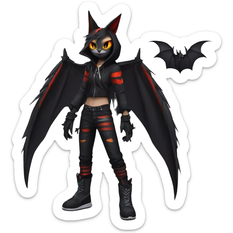 Cool Anthro Black Bat-Nargacuga-Litten-cat-Pokémon with edgy stripes hoodie spiked collar punk techwear Full Body sticker