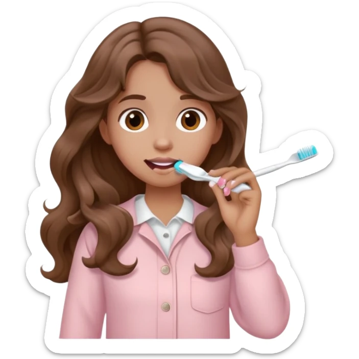 A girl with long brown wavy hair in pale pink clothes brushes her teeth sticker