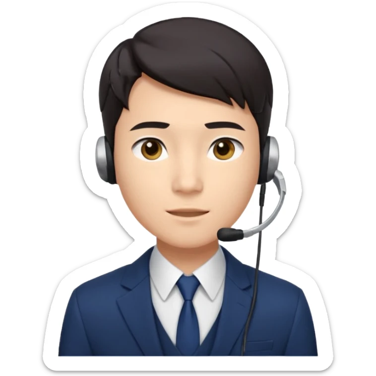 A young Asian man with smooth light skin, dark hair that swoops upward in the front, expressive eyes, a clean-shaven face, and a call-center style headset over one ear, usually paired with a crisp shirt and suit jacket visible from the chest up. sticker