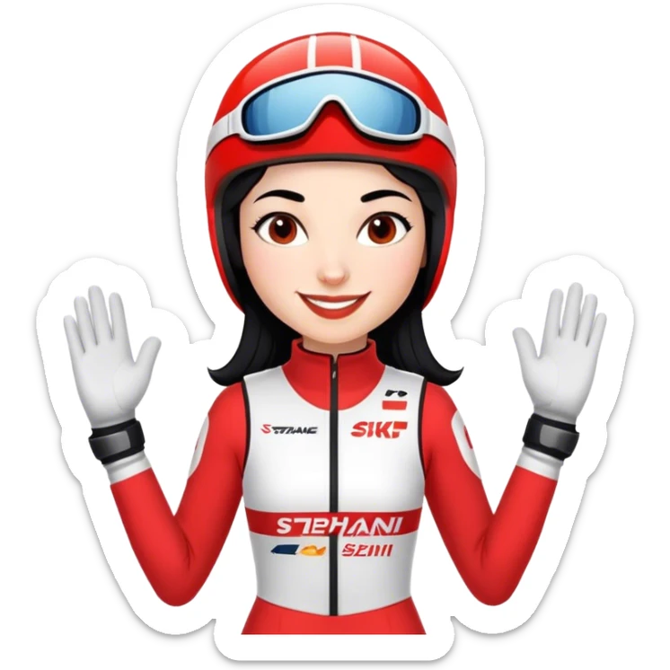 Ski racer woman red white dress with the name Stephanie on the dress black hair smile sticker