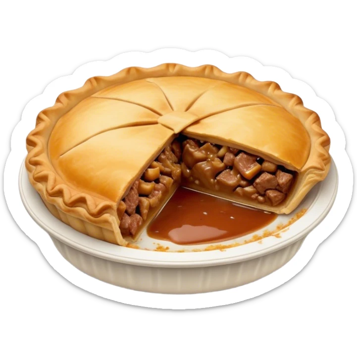 Cinematic Realistic Meat Pie Dish Emoji, showcasing a flaky pastry filled with rich, hearty meat gravy, rendered with lifelike detail and warm, inviting lighting. sticker