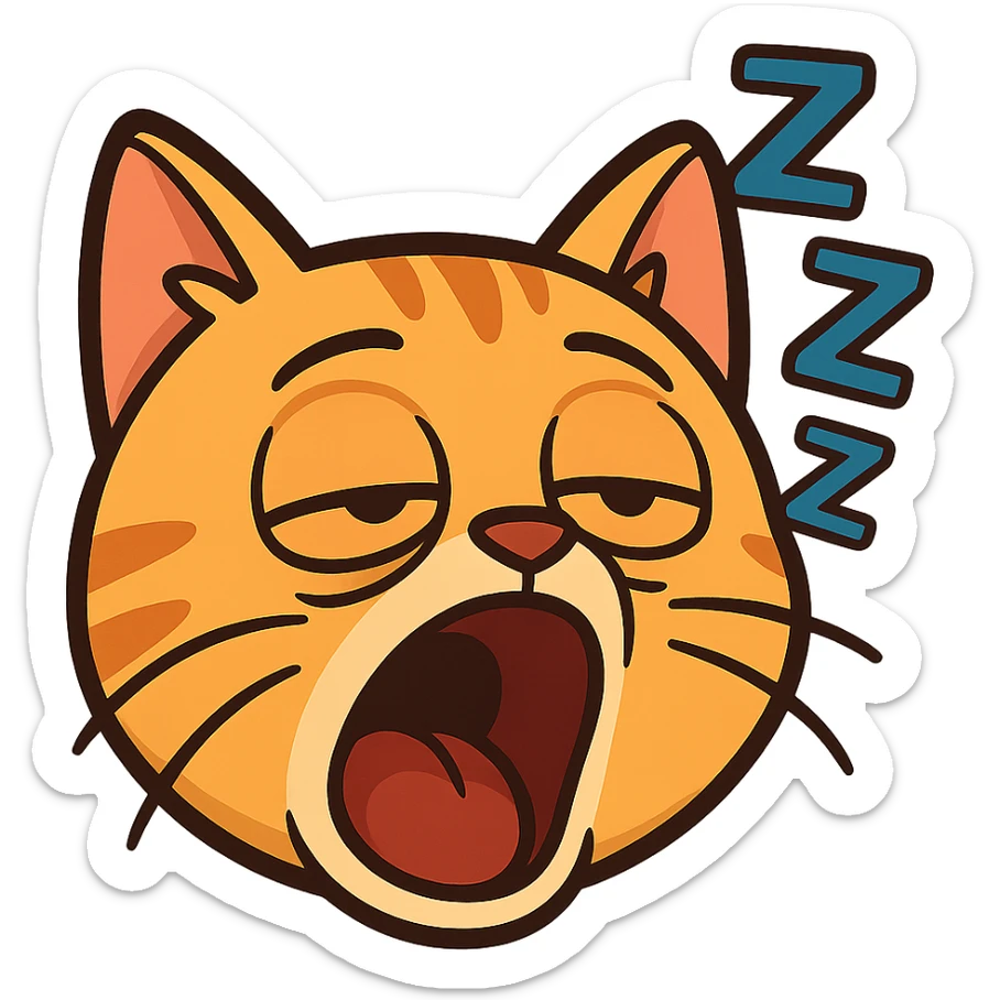 sleepy cat emoji, cartoon style, exaggerated yawn, droopy eyelids, bright colors, playful look sticker