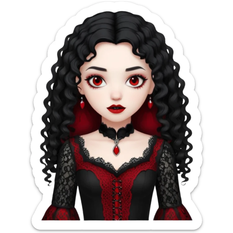 A girl with a red goth vampire look in a black and red goth lace dress with long sleeves and long black curly hair  sticker