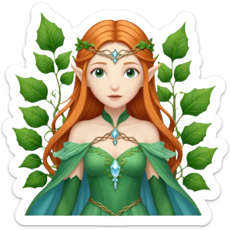 Hyper realistic green ivy forest elf mage fairy queen pale skin ginger hair and Ice blue-eyes sticker