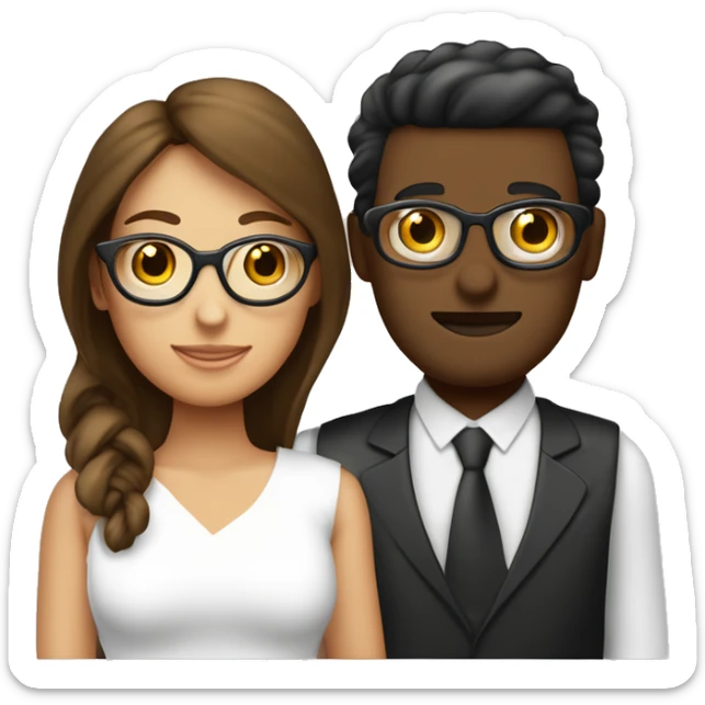Crea una pareja que la mujer sea de un tono de piel morena que tenga cabello oscuro y que no tenga gafas luego a su novio créalo un hombre de tono de piel blanco y su tono de cabello rubio y en su cara con gafas sticker