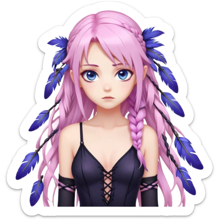 Gorgeous beautiful pretty grumpy anime lady long-pale-pastel-pink-hair with one braid on each side, hanging purple feathers with pink tips in hair, black bodysuit, blue eyes, pink iris, ethereal, fashion aesthetic  sticker