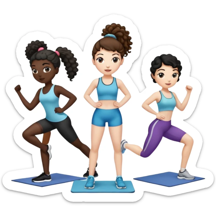 3 women exercising. The woman on the left has pale white skin and curly brown hair in a ponytail. The woman in the middle has black skin and curly black hair. The woman on the right has pale white skin and straight, brown hair in a ponytail. sticker