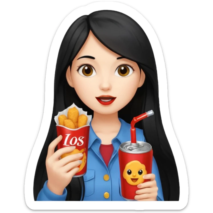 girl with long black hair eating with mouth on the chicken nugget and holding a soda can sticker