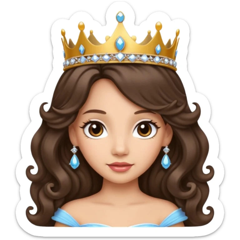Princess with long glam curled hair, dark brown eyes, light skin tone.  sticker