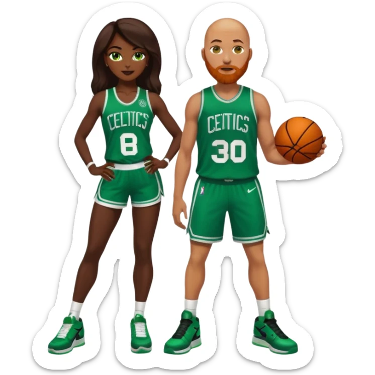 48-year-old dark skin black woman with brown eyes, long dark brown hair dressed in sexy 
celtics jersey costume outfit & stilettos. A bald white man with ginger beard. he has blue/green  eyes, wearing a Jason Tatum Boston Celtics Jersey, green Nike sneakers  sticker