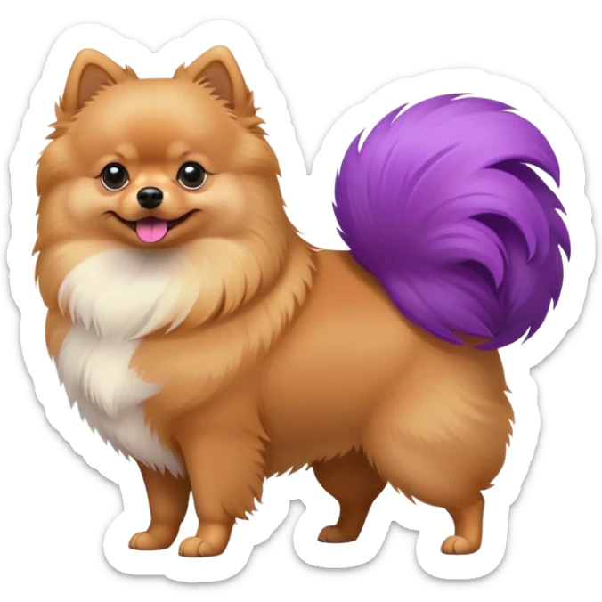 Tan Pomeranian dog standing with a purple and red tail with both purple and red in the tail sticker