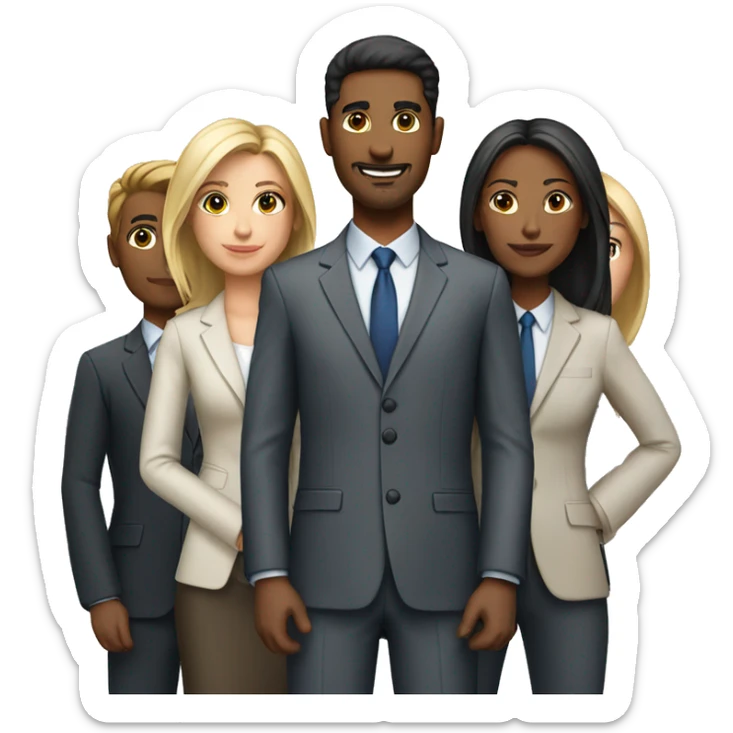 Team consisting of 2 women and 3 men. One white man. All in business suit.  sticker