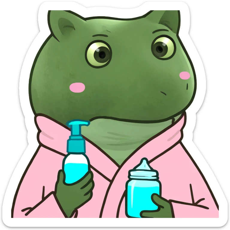 Mixed-race woman with caramel skin, black curly hair, wearing a pastel pink bathrobe, holding a skincare jar sticker