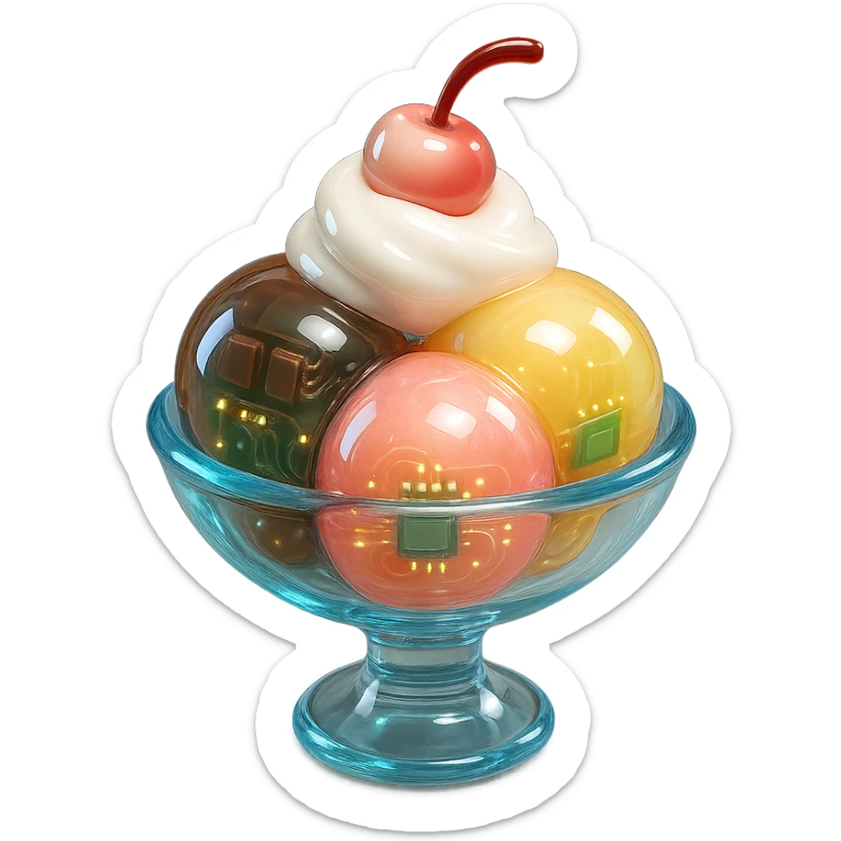 3D glossy ice cream sundae in glass dish with scoops of vanilla, chocolate, and strawberry ice cream, whipped cream, cherry on top, shiny highlights sticker