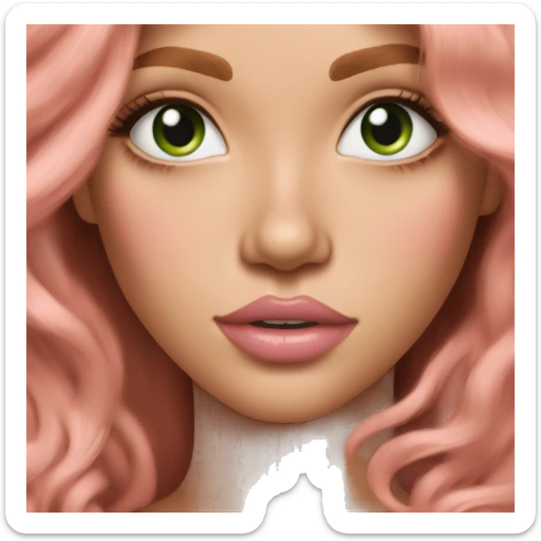 Dark strawberry blonde girl tan skin pink sweater pink makeup green eyes gold earrings pink nails wavy long hair sticker