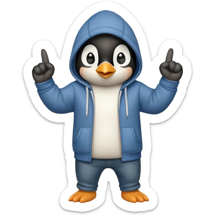 determined anthropomorphised penguin in a hoodie and jeans with fist raised, dynamic action sticker