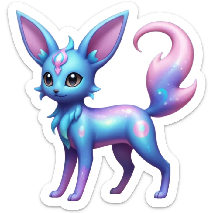 Shiny Iridescent Nebulae Espeon-Umbreon-Sylveon-Fakémon-hybrid-creature (full body)  with a galaxy-dust-flowing-gradient-tail sticker
