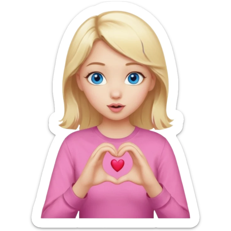 Realistic Blonde girl blue eyes, blowing kiss, pink shirt, making heart sign with hands sticker